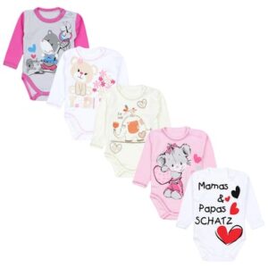 TupTam Unisex Baby Langarm-Body mit Aufdruck 5er Set rosa/weiß