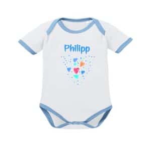 Schnullireich Baby Body (Kurzarm) mit Namen Blaues Herz (Sporty) Weiß